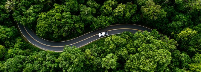 Obraz premium Aerial forest road with car creating abstract background for electric vehicle, ESG, sustainability and green investment business concepts.