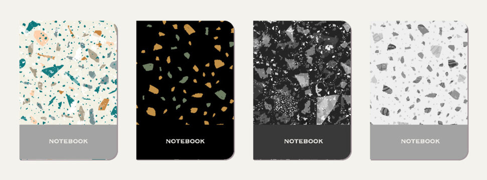 School notebook cover design. Terrazzo abstract background made of natural stones, granite, quartz and marble. Venetian terrazzo texture school notebook template.