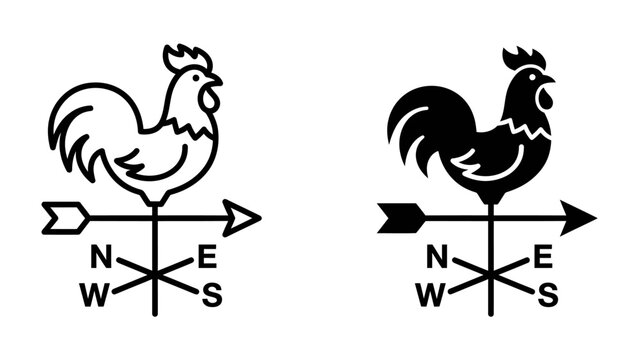 Rooster Weather Vane Icon: A set of graphic icons depicting a rooster perched atop a directional arrow, indicating wind direction with cardinal points N, S, E, W.