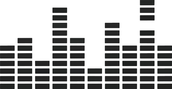 Black and white audio equalizer graphic with seven vertical bars of varying heights