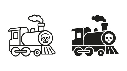 Steam Train with Skull Emblem: Two illustrations of a steam locomotive, one in outline and one in silhouette, both featuring a skull emblem on the front, symbolizing danger or the macabre. © Fara