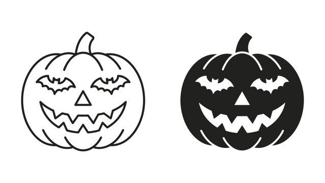 Halloween Pumpkin Icon: Two stylized pumpkin faces, one in outline and one in silhouette, featuring carved spooky eyes and a grinning mouth, complete with small bat accents.