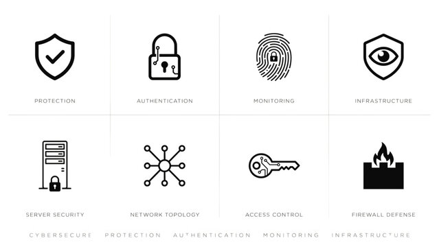 Set of eight flat security and technology icons with shield, lock, and network symbols Vector