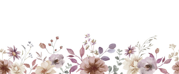 Watercolor Boho Autumn Floral Seamless Border with Dusty Rose Flowers and Dried Grasses, Rustic Botanical Horizontal Frame for Wedding Stationery. Vector EPS. © Alla