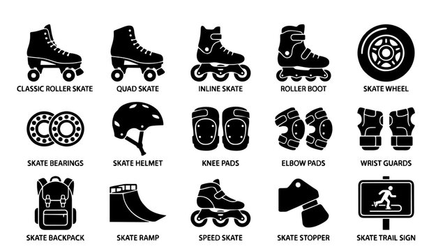 Untitled design - 1 Roller Skate Black Silhouette Icon Collection with Quad Skates Protective Gear and Skating Equipment Vector Set