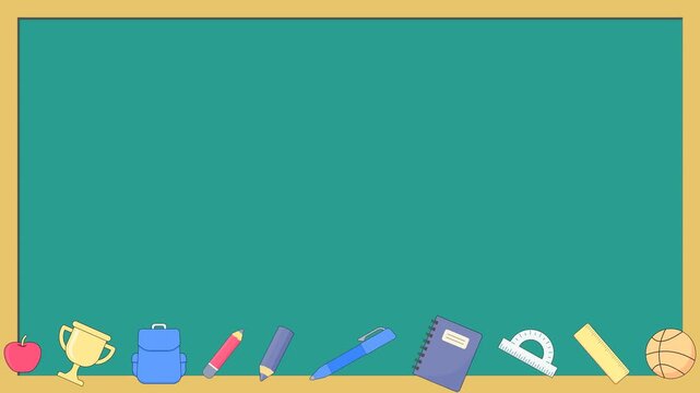 Seamless looping background animation of swinging school supplies like a backpack, pencil, and book with wide green chalkboard text copy space. Flat style back to school concept illustration