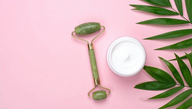 facial massage roller with skincare cream, beauty tools, wellness and rejuvenation