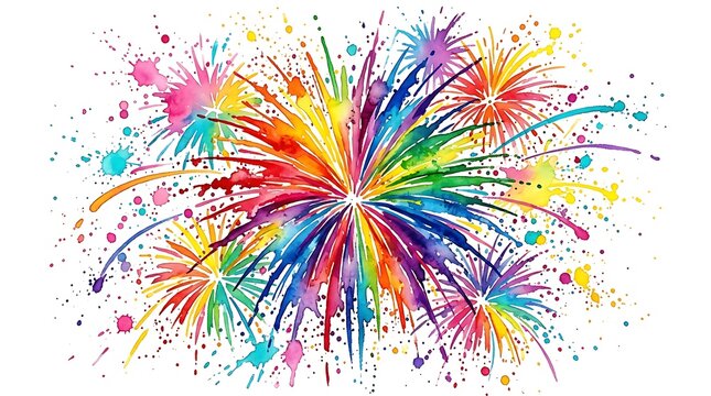 Watercolor Colorful firework explosion isolated on white background