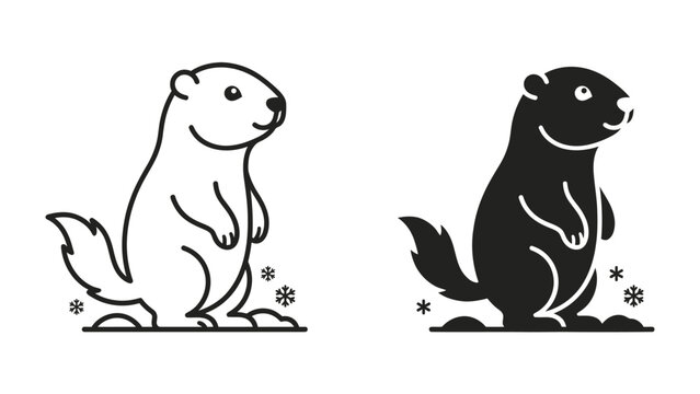 Groundhog Illustration: A charming groundhog depicted in both a clean line drawing and a solid silhouette, with small snowflakes scattered around, representing a winter theme.