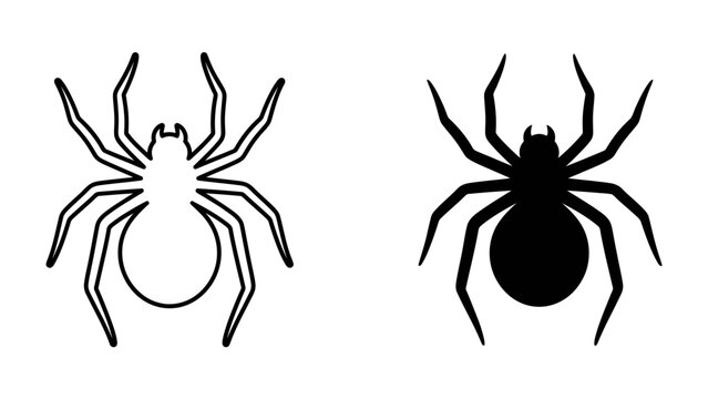Spider Icons: Two stylized representations of a spider, one outlined in black and white and the other a solid black silhouette, showcase the arachnid&rsquo;s eight-legged form.
