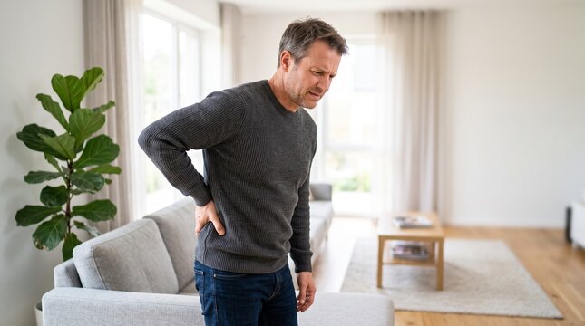 Man holding lower back because of kidney pain