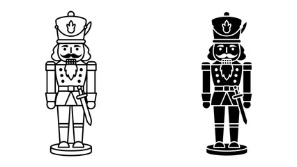 Nutcracker Soldier Duo: A striking illustration showcases two nutcracker figures, one outlined in black and white and the other a solid black silhouette, embodying a festive holiday spirit. © af