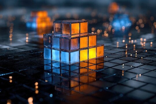 Glowing abstract cubes, stacked in steps, illuminated by blue and orange light
