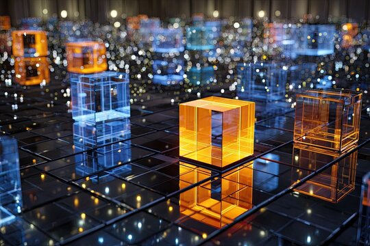 Geometric cubes glowing with orange and blue light on a reflective grid