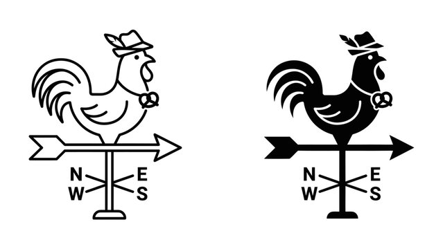 Rooster Weathervane Icon: A stylized depiction of a rooster weathervane, complete with a traditional Bavarian hat and a pretzel detail, is presented in both outline and silhouette forms.