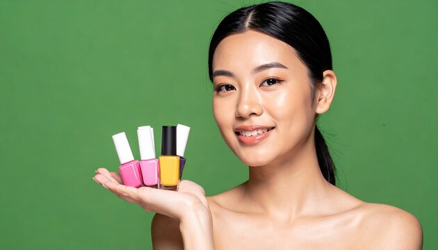 woman holding colorful nail polish bottles on green background, beauty and manicure lifestyle
