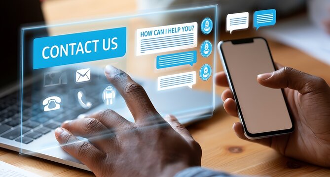 AI workflow Chat interface automation AI assistant messages, contact options and bot interacts on smartphone omnichannel customer support and service automation.