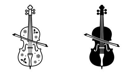 Violin Illustration and Silhouette: A stylized illustration of a violin featuring decorative snowflake patterns and a contrasting black silhouette of a violin, both with a bow. © Fara