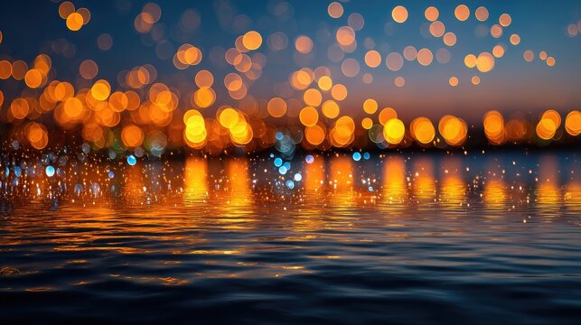 Blurred city lights reflecting on dark water at twilight
