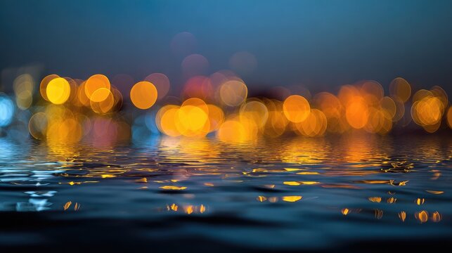Softly glowing lights reflect on rippling dark water at twilight