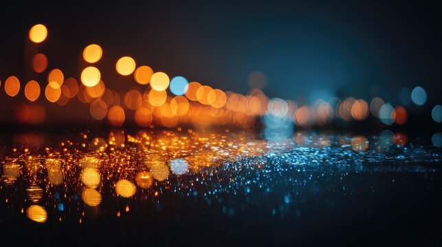 Blurred city lights reflect on wet pavement, creating a magical, dreamy atmosphere