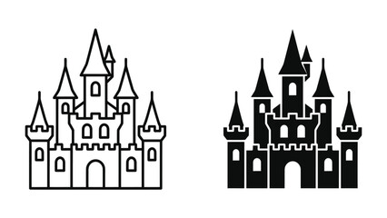 Medieval Castle Icon: Two stylized icons of a medieval castle, one outline and one silhouette, represent a classic symbol of history and fantasy. © af