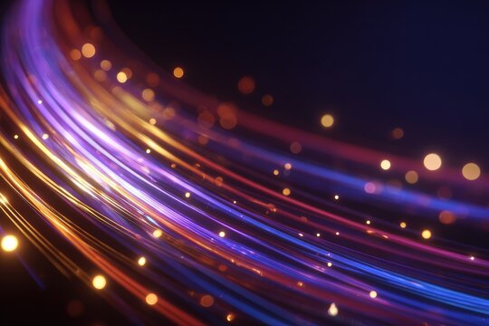 Streaks of colorful light trail across a dark background with bokeh