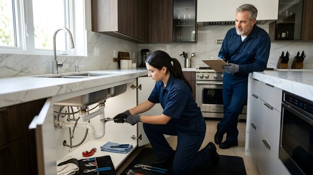 Experienced male plumber instructing young female apprentice plumber on how to fix kitchen sink in modern residential home plumbing repair service.