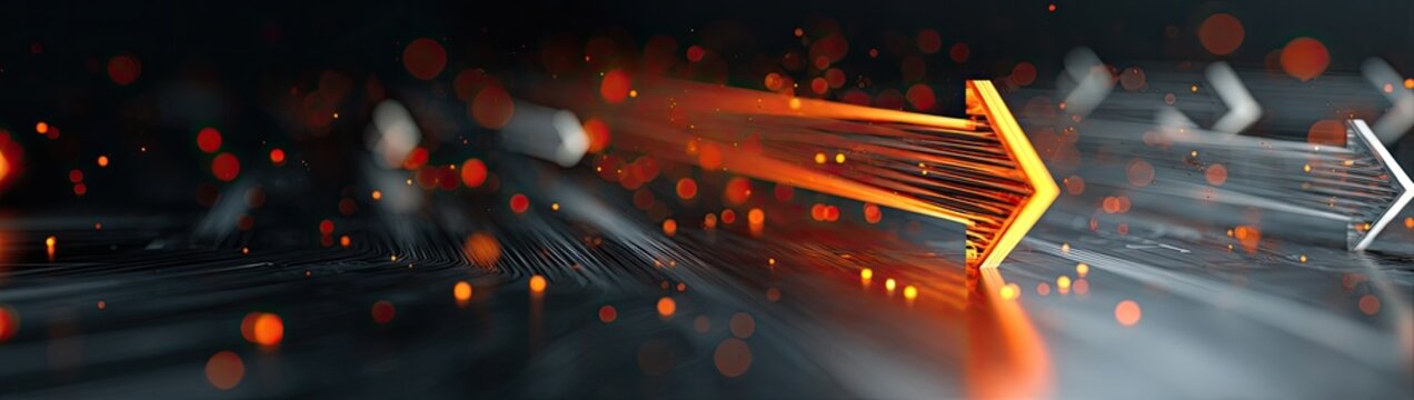 Glowing arrow streaks forward amidst fiery particles and abstract light trails