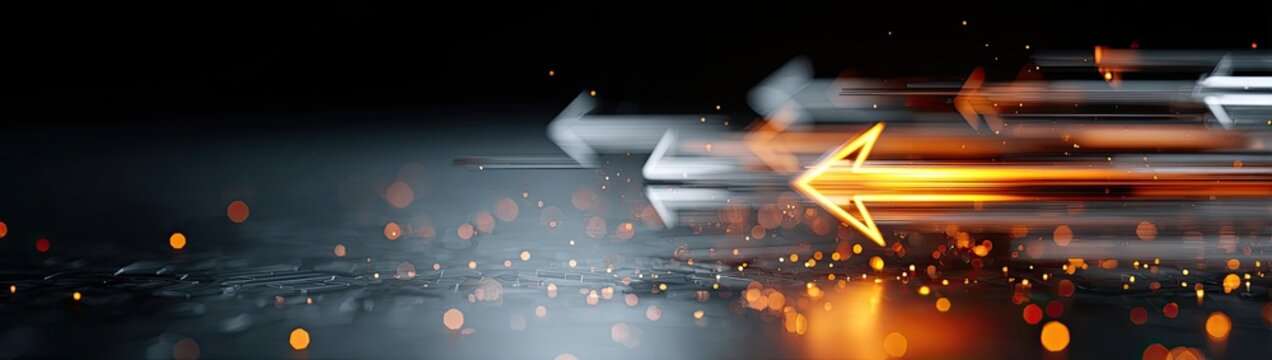 Glowing arrows streak forward against a dark background with sparks