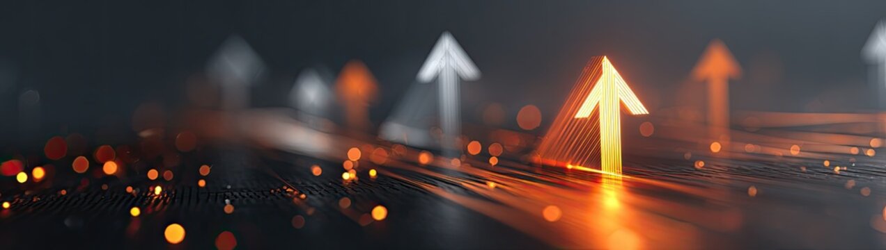 Glowing orange arrow emerges from abstract digital background with lights