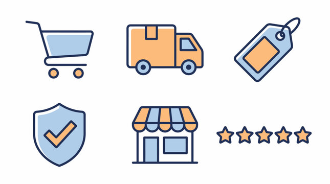 Icons depicting modern shopping and shipping concepts are illustrated with soft blue and orange color fills for a user-friendly interface.