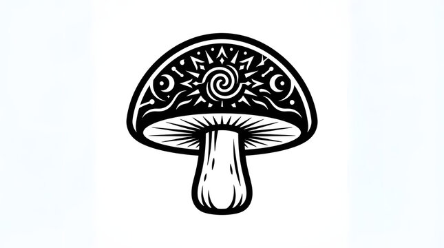 Mystical magic mushroom with ornate celestial pattern line art illustration