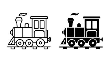 Vintage Train Icons: A pair of stylized train icons, one outlined and one solid black, depict a classic steam locomotive on tracks, symbolizing travel and nostalgia. © af