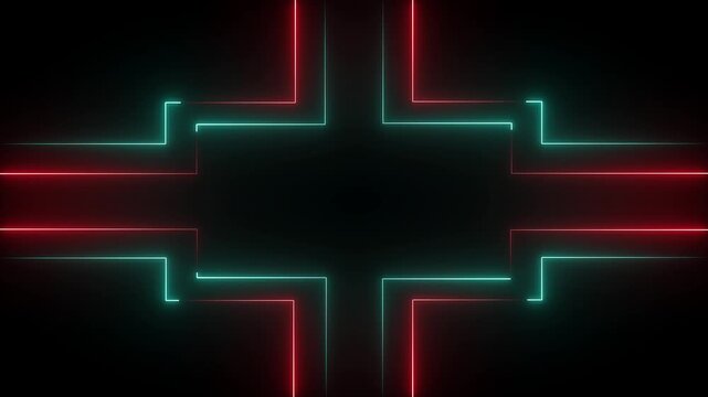 Abstract neon light glow line animation 4k video. Neon lights lines moving animation. red and mint green color line on black background.4k animation motion graphics video.