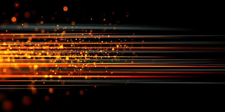 Fiery streaks of light move across a dark background with glowing particles