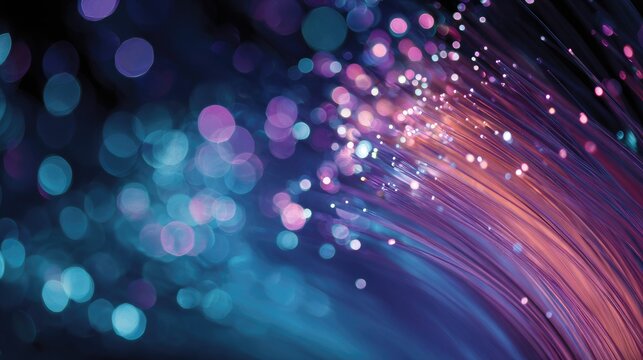 Abstract strands of light swirl with colorful bokeh on a dark background