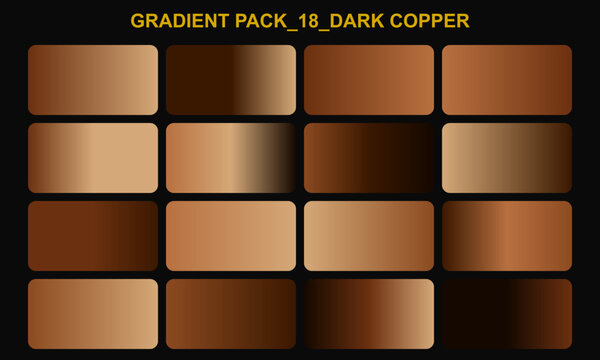 Dark copper gradient pack, 18 color swatches, vector gradients, brown color palette, design elements