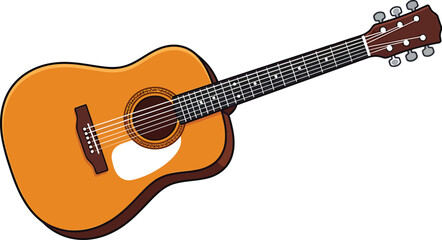 Fototapeta premium Detailed orange acoustic guitar vector illustration featuring a wooden body with six strings and classic tuning pegs for musical design