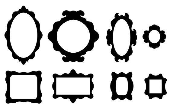 Vector set of black frames silhouettes isolated from the background. Monochrome collection of antique framework clip arts for invitations, stickers, and postcards.