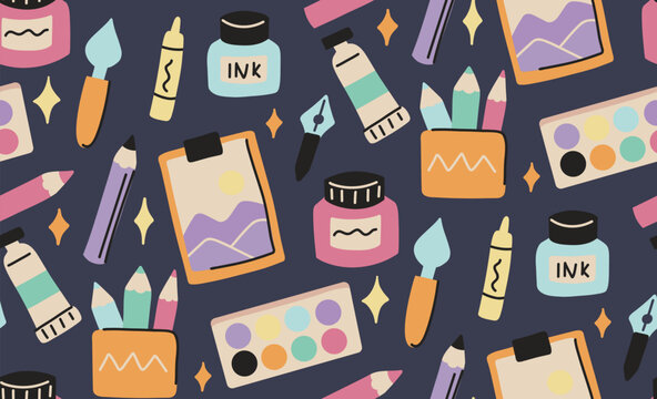 Vector seamless pattern with art supplies. Texture with creative objects on dark background. Artist backdrop for fabrics and wrapping paper.