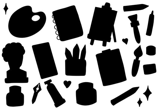 Vector set of black print of art supplies. Monochrome collection of silhouette of hand drawn paints, sculptures, palettes, brushes, easels, and sketchbooks for stickers and postcards