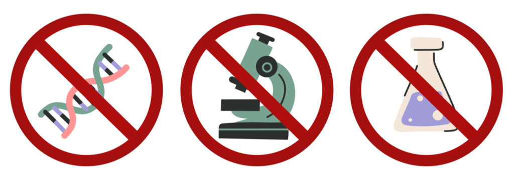 Vector set of prohibition signs. No science studies. No genetics studies. Sticker and banner collection.