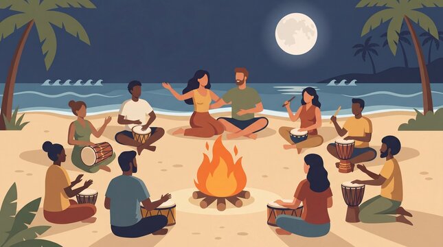 Group of friends drumming around a campfire on the beach at night with moonlight