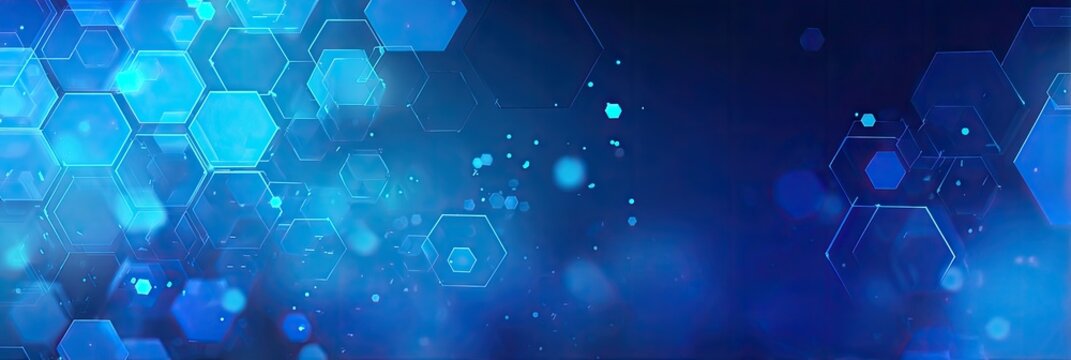 Glowing blue hexagons and bokeh create a futuristic digital network abstract background