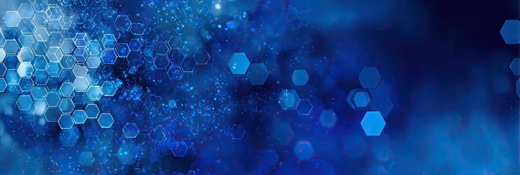 Abstract blue hexagons and glowing particles in a nebula