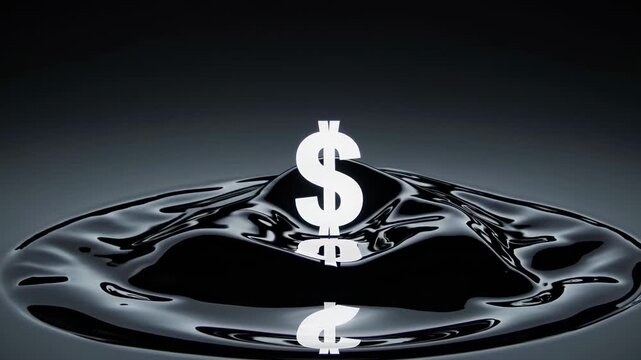 Dollar sign symbol emerges from black liquid surface, creating ripples and reflections in a dark environment, illustrating financial concepts and value representation