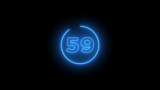 Glowing neon 65 second countdown timer animation on black background.Progress bars circle with countdown animation. Circular Percentage Loading Bar Animation on Dark Background.