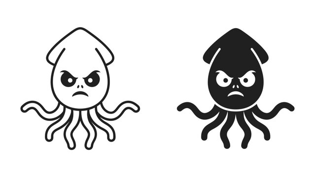 Angry Squid Icon: A cartoonish squid illustration depicted with a furious expression, shown in both outline and silhouette versions.
