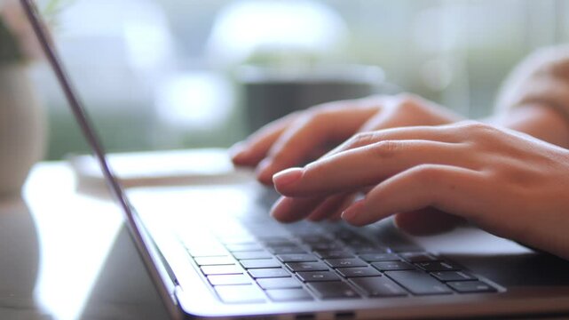 Hands type on laptop keyboard with soft light. Person focused, calm, working remotely. Ideal for remote work, online learning, or digital tasks. High detail on fingers and keys